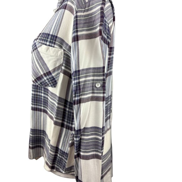 NEW Cloth & Stone XS Plaid Split back Long Sleeve Button Down Shirt Purple White - Picture 6 of 14